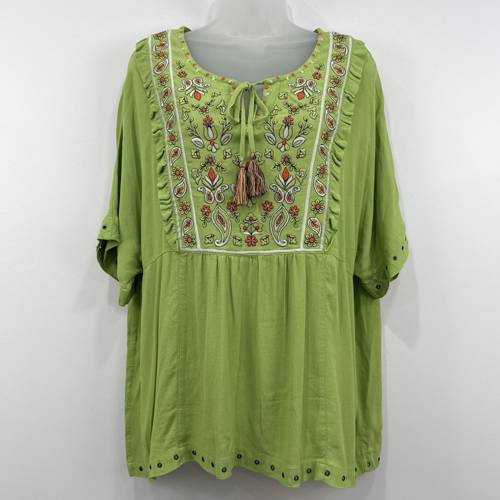 John Mark Embroidered Top Womens XL Boho Hippie Peasant Tassels Paisley